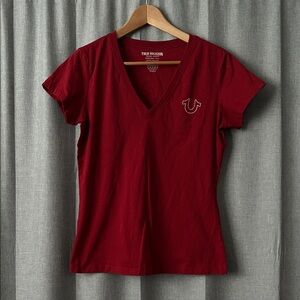 True Religion Women's Deep Red V-Neck Tee